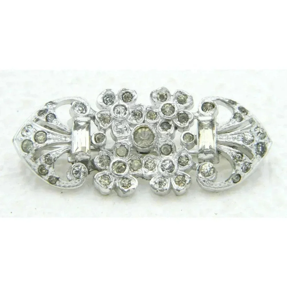 Vintage Art Deco Rhodium Plated Clear Glass Flower